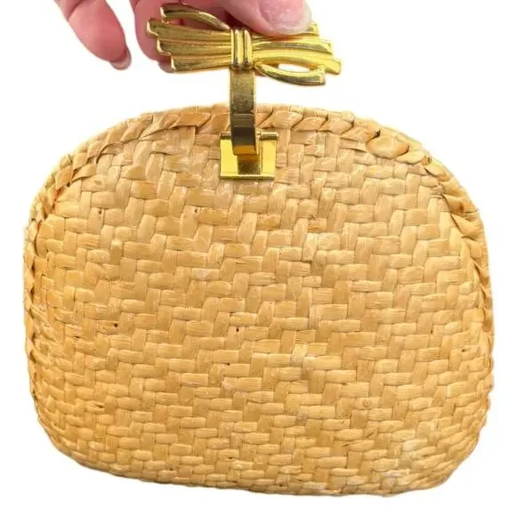 Vintage 1960s Koret Basketweave Natural Gold Handbag Wicker Woven Purse Boho - Picture 2 of 14